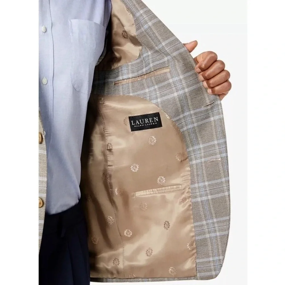 Lauren Ralph Lauren Men UltraFlex Plaid Sports Coat Blazer‎ Tan Blue Jacket 50R